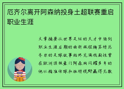厄齐尔离开阿森纳投身土超联赛重启职业生涯 厄齐尔离开阿森纳投身土超联赛重启职业生涯