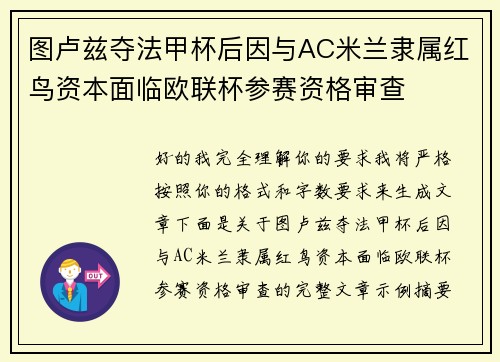 图卢兹夺法甲杯后因与AC米兰隶属红鸟资本面临欧联杯参赛资格审查