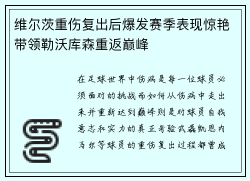 维尔茨重伤复出后爆发赛季表现惊艳带领勒沃库森重返巅峰